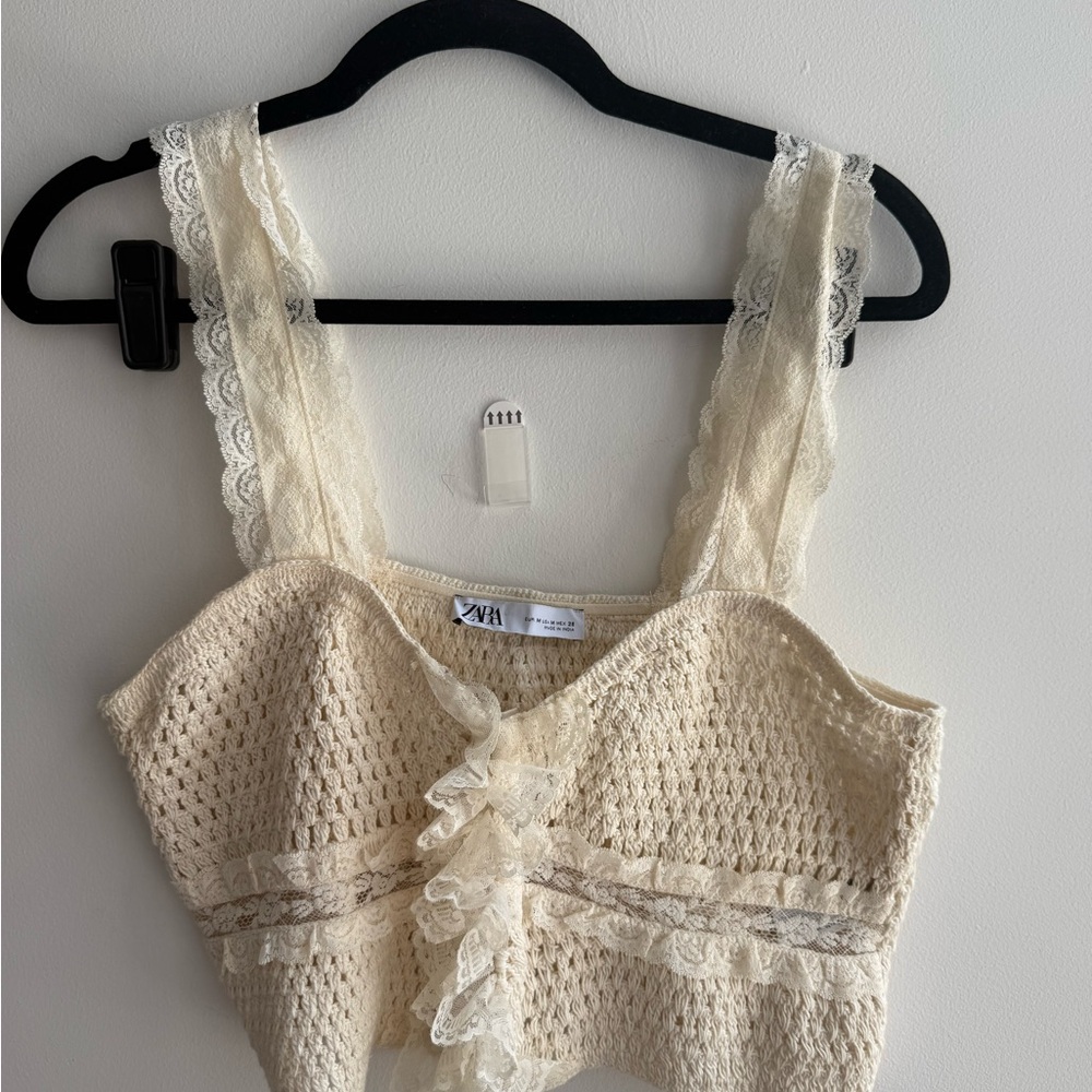 Zara Beige Lace and Crochet Knit Crop Top